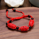 Flyshadow Charm Red Rose Bracelet For Women Handmade Lacquer Carved Cinnabar Flower Adjustable Rope Beaded Bracelet Ethnic Accessories