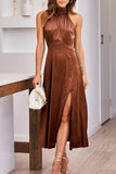 Elegant Simplicity Solid Slit Halter Sleeveless Dress Dresses