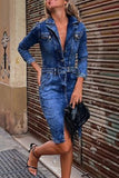 Casual Vintage Solid Make Old Turndown Collar Long Sleeve Regular Denim Dresses